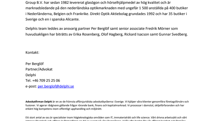 Delphi rådgivare vid förvärvet av Direkt Optik Aktiebolag