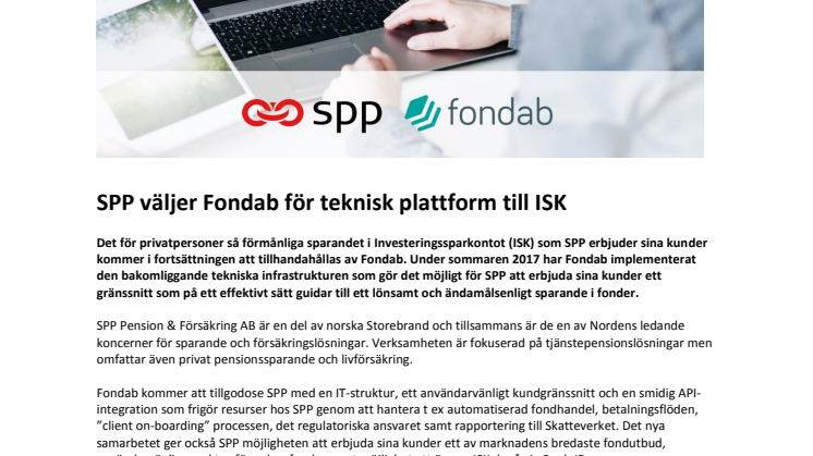SPP väljer Fondab för teknisk plattform till ISK