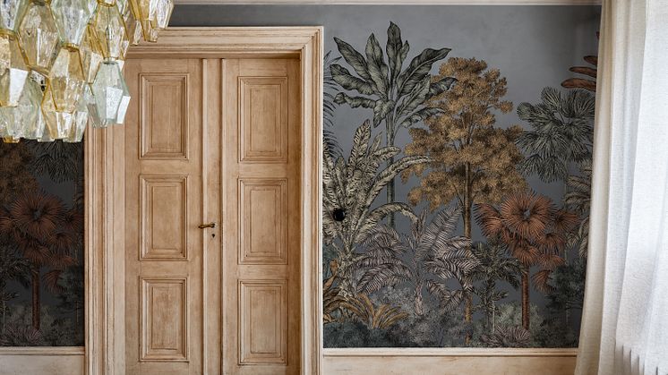 Tropical Bellewood från Rebel Walls består av en horisont av vackra palmträd och är en hyllning till den exotiska djungeln
