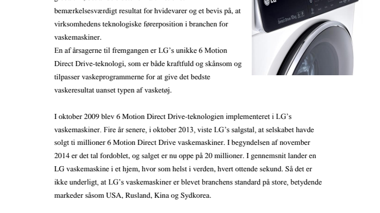 LG NÅR NYE HØJDER MED 20 MILLIONER SOLGTE VASKEMASKINER