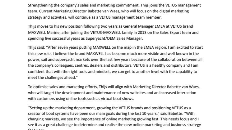 VETUS Appoints New EMEA Sales and Global Marketing Director