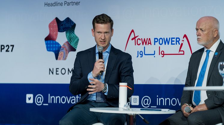 Bluewater spokesperson Philip Russell, managing director of Bluewater UK, addressing the Climate Action Innovation Zone attendees at COP27 together with Peter Thomson (United Nations Secretary-General's Special Envoy for the Ocean)