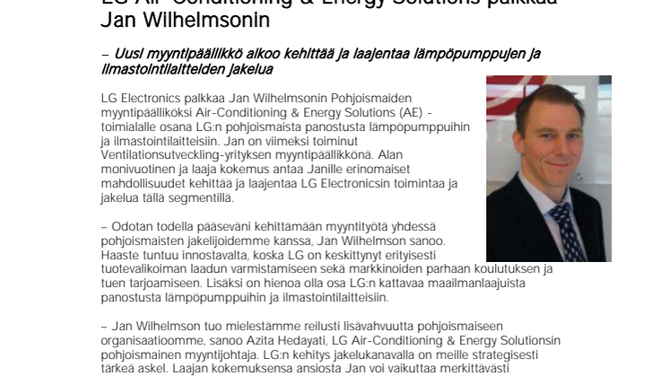 LG Air-Conditioning & Energy Solutions palkkaa Jan Wilhelmsonin