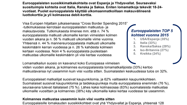 Suomalaiset suosivat kaupunkilomia ja taidekohteita muita eurooppalaisia useammin