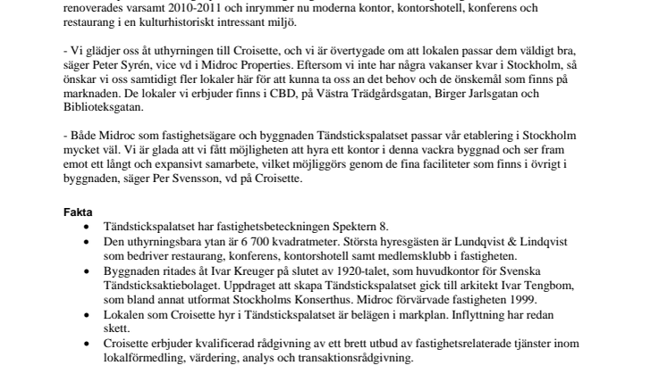 Midroc hyr ut sista kontoret i Tändstickspalatset till Croisette