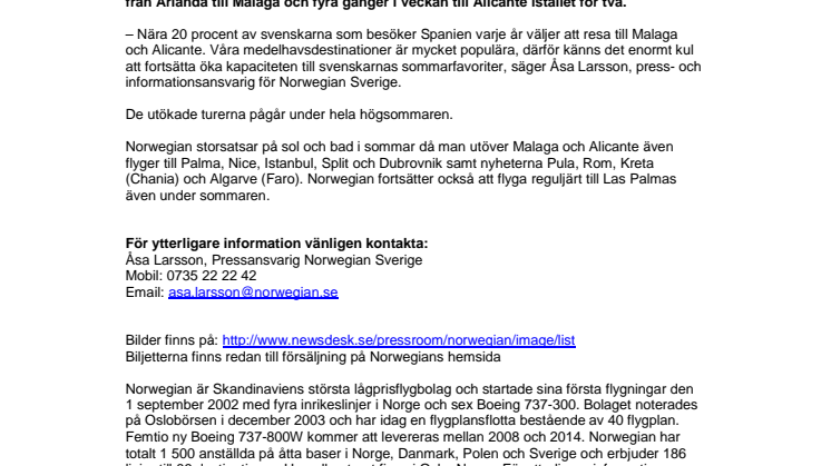 Norwegian ökar kapaciteten till Malaga och Alicante