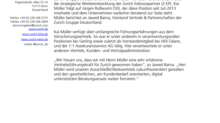 Kai Müller leitet Zurich Ausschließlichkeitsvertrieb