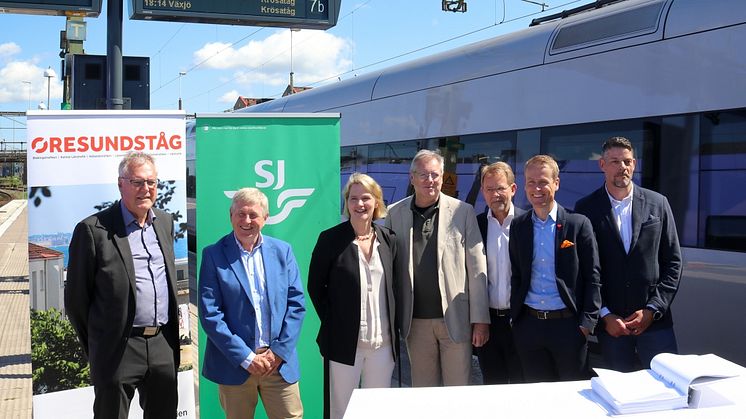 Från vänster: Gert-Olof Karlsson, Kronoberg, Jarl Samuelsson, Västtrafik, Caroline Åstrand, SJ, Sören Bergerland, Blekingetrafiken, Karl-Johan Bodell, Kalmar, Linus Eriksson, Skånetrafiken och Andreas Almquist, Hallandstrafiken.