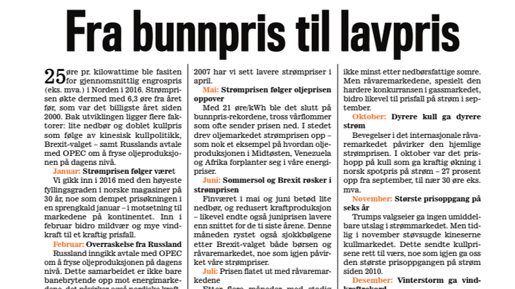 Presseklipp Kapital 2017 #01: Strømåret 2016: Fra bunnpris til lavpris