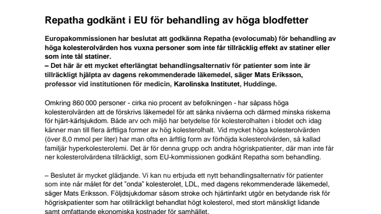 Repatha godkänt i EU för behandling av höga blodfetter