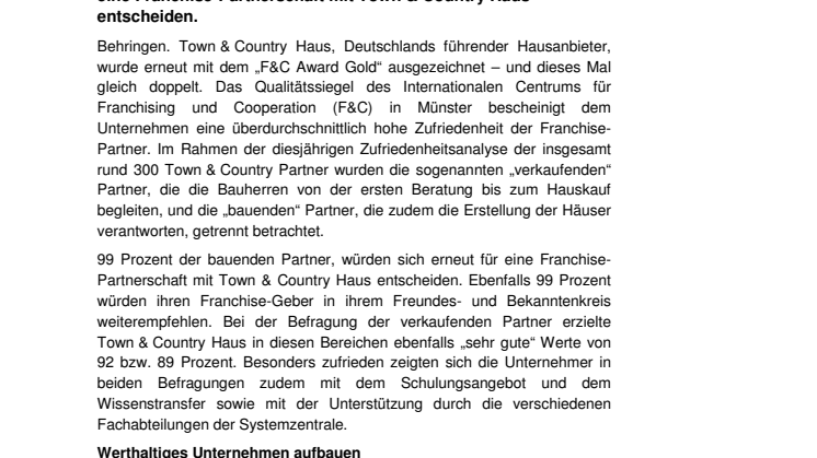 Qualität im Franchise: „F&C Award Gold“ geht zwei Mal an Town & Country Haus