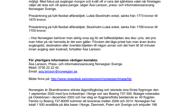 Norwegian sänker priset till och från Luleå