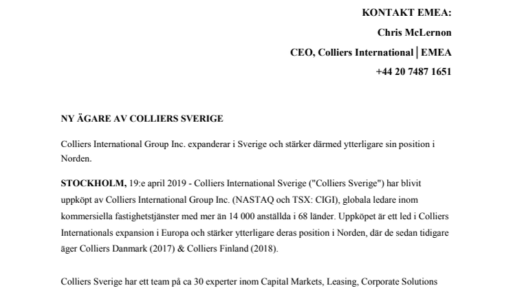 Ny ägare av Colliers Sverige
