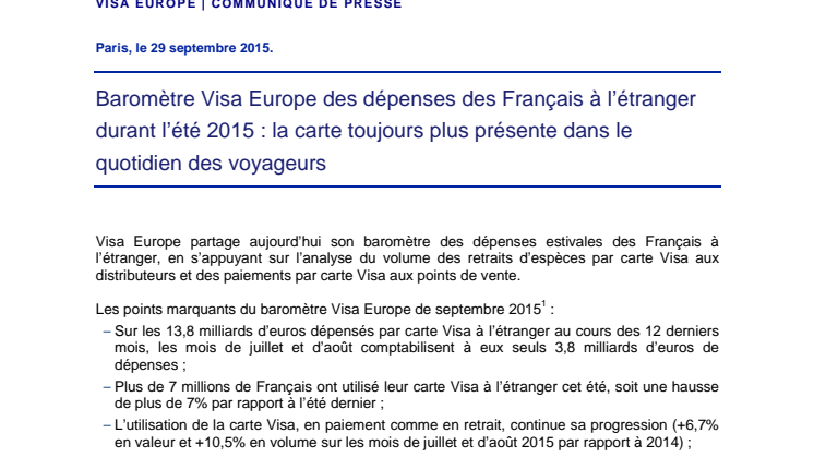Baromètre Visa Europe des dépenses des Français à l’étranger durant l’été 2015 : la carte toujours plus présente dans le quotidien des voyageurs