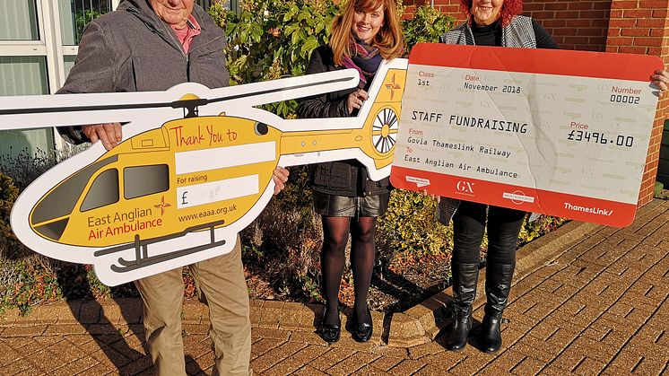 (From left) Bike crash survivor Greg Gregory, GTR's Katherine Cox and East Anglian Air Ambulance Community Fundraising Area Manager Barbara McGee.