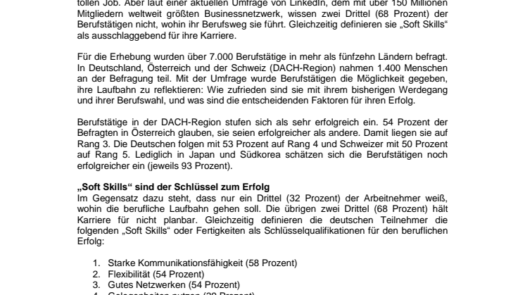 LinkedIn-Umfrage: Fast 70 Prozent der Berufstätigen hält Karriere für nicht planbar
