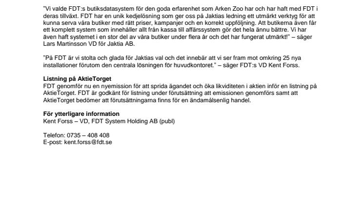 Jaktia AB tecknar nytt ramavtal med FDT