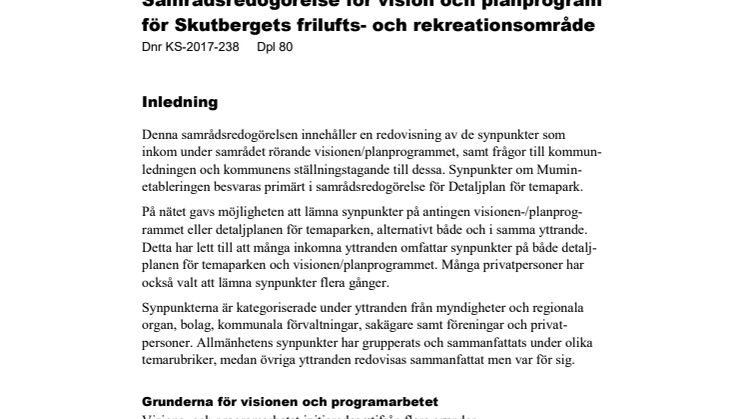 Samrådsredogörelse för vision och planprogram för Skutberget - 190515