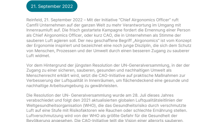 Pressemitteilung | Camfil startet „Chief Airgonomics Officer“-Initiative