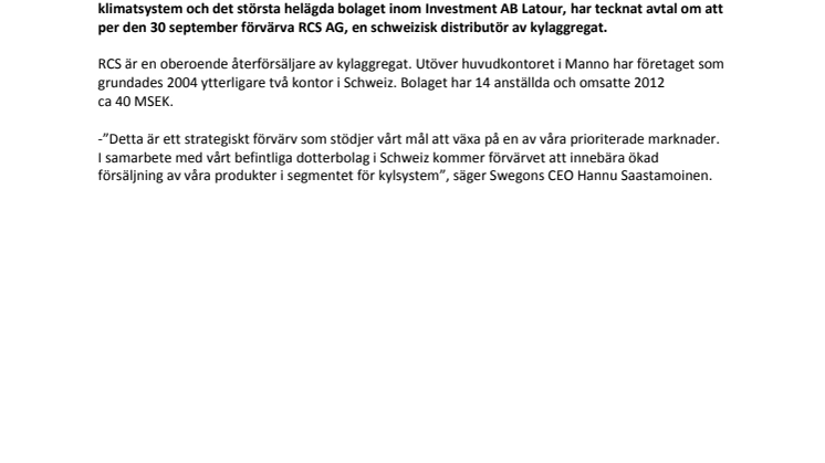 Swegon förvärvar RCS AG i Schweiz