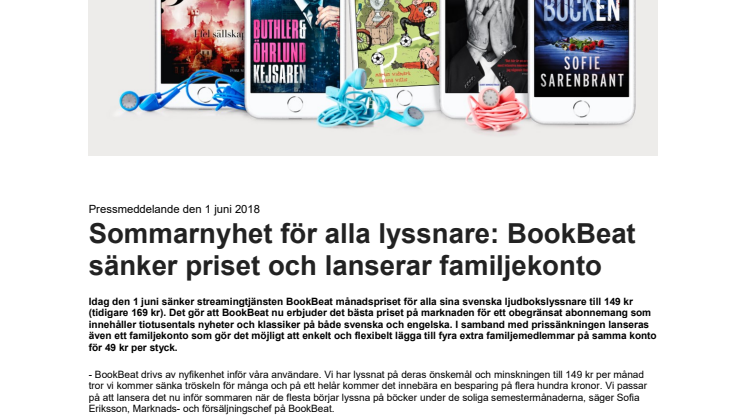 Sommarnyhet för alla lyssnare: BookBeat sänker priset och lanserar familjekonto