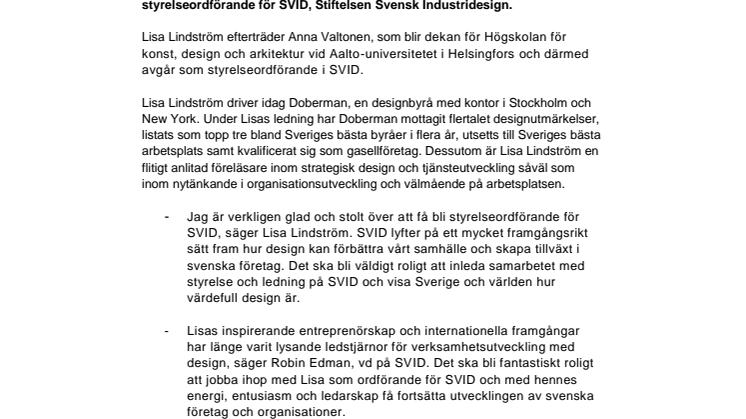 Lisa Lindström ny styrelseordförande för SVID