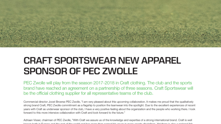 CRAFT SPORTSWEAR NEW APPAREL SPONSOR OF PEC ZWOLLE
