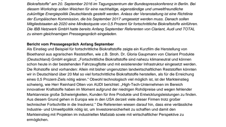 Einladung: Politischer Workshop zu fortschrittlichen Biokraftstoffen