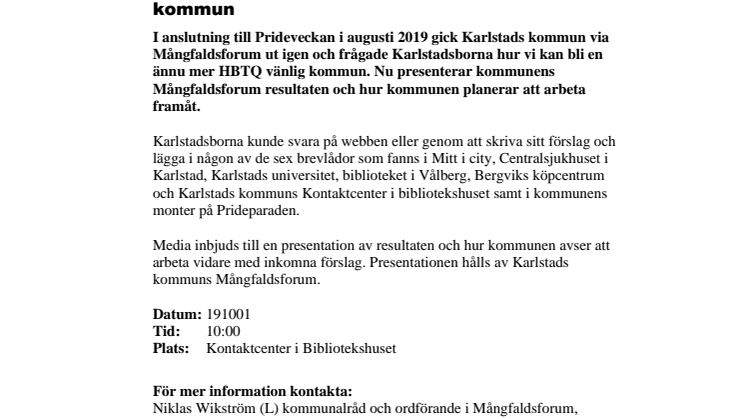 Pressinbjudan: Presentation av hur karlstadsborna tycker att Karlstad kan bli en ännu mer HBTQ-vänlig kommun