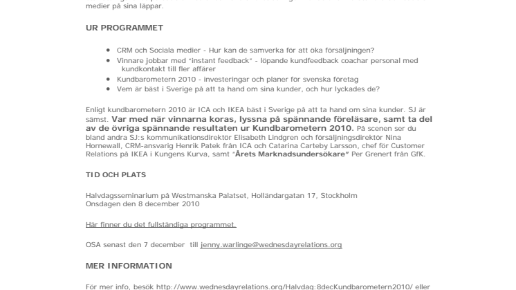 PÅMINNELSE: Pressinbjudan Bäst i klassen på kundrelationer