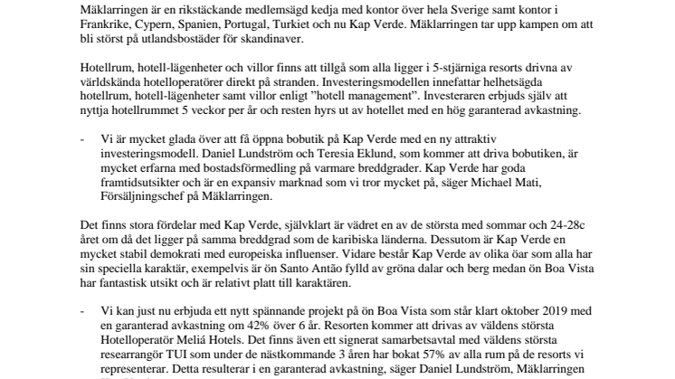 Mäklarringen först med unik investeringsmodell på Kap Verde