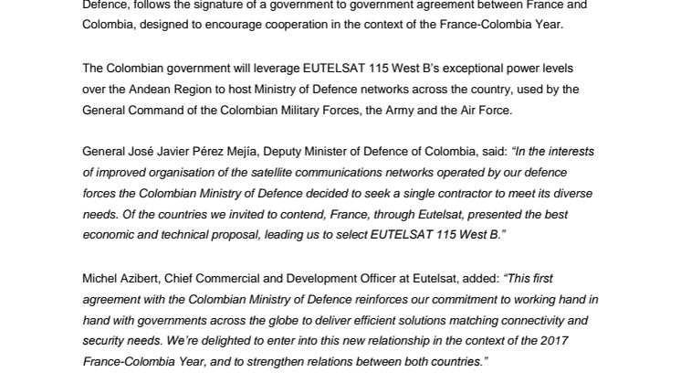 Eutelsat satellite connectivity selected by Colombian government