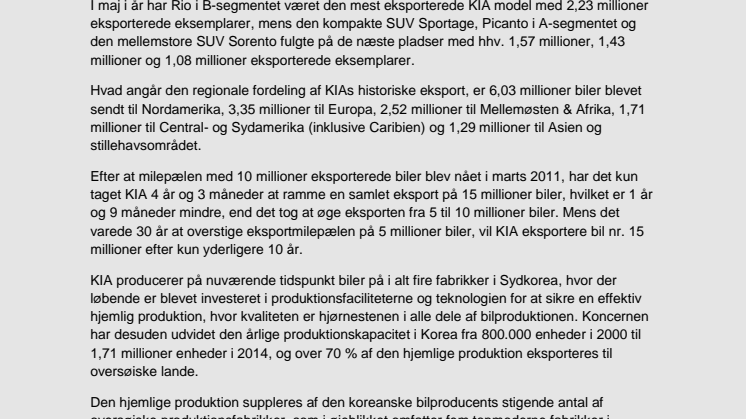 KIA Motors' eksport fra Korea overstiger 15 millioner biler i juni