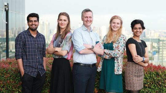 Green Cred team fra venstre Sajawal Waseem, Hanne Borris Mathiesen, Bjørn Taale Sandberg(mentor og Head of Telenor Research), Anja Drobnjak og Paridhi Rustogi.