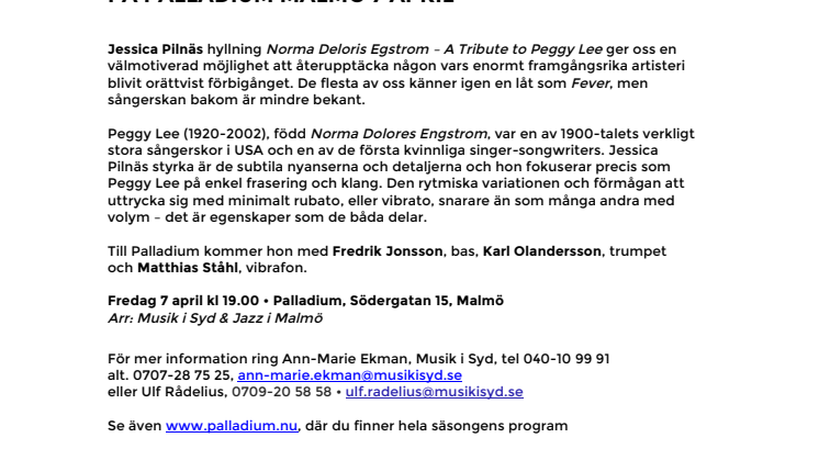 Jessica Pilnäs – A Tribute to Peggy Lee på Palladium Malmö 7 april