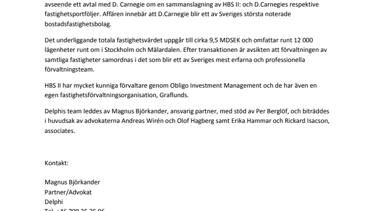 Delphi legal rådgivare till Obligoförvaltade Hyresbostäder i Sverige II när de ingick avtal med D. Carnegie & Co