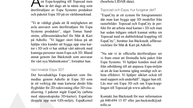 Adtollo ny återförsäljare för Espa Systems