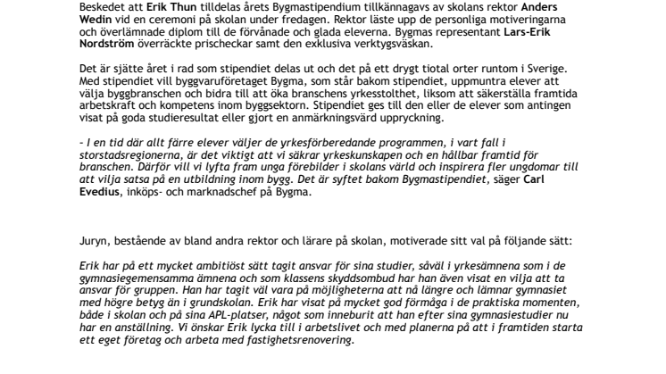 Elev vid Luleå gymnasieskola belönad med Bygmastipendiet