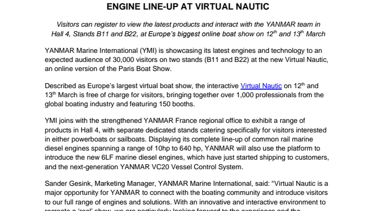 YANMAR Showcases Complete Power and Sailboat Engine Line-Up at Virtual Nautic
