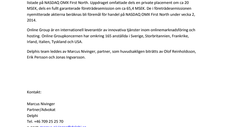  Delphi har biträtt Oniva Online Group Europe i samband med private placement och företrädesemission
