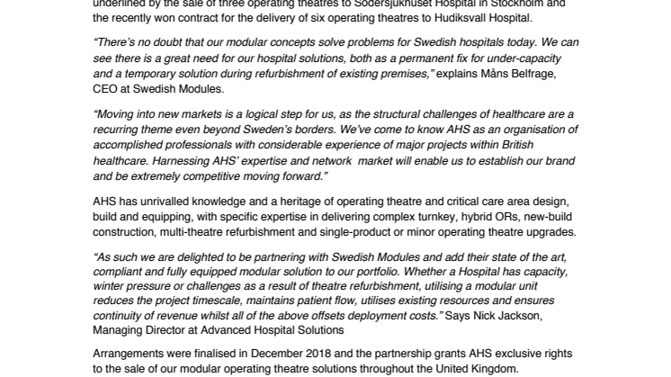 Swedish Modules has agreed a strategic partnership with Advanced Hospital Solutions in the United Kingdom 