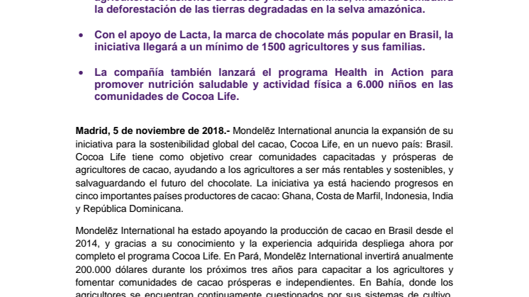 Mondelēz International pone en marcha Cocoa Life en Brasil para ayudar a combatir el cambio climático y garantizar un suministro sostenible del cacao