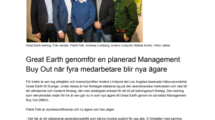 Great Earth genomför en planerad Management Buy Out när fyra medarbetare blir nya ägare