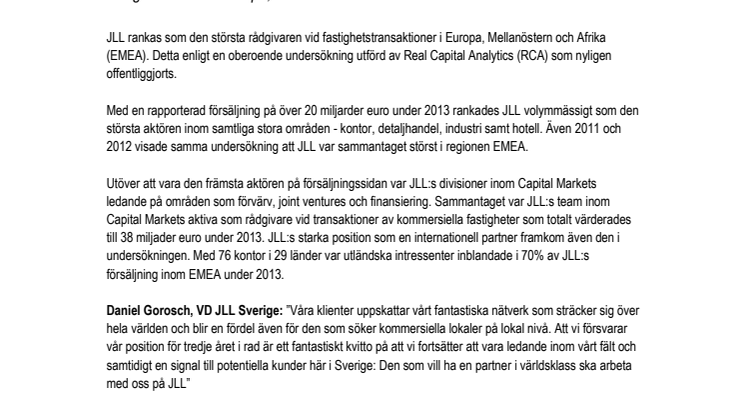 JLL är Europas största förmedlare av kommersiella fastigheter