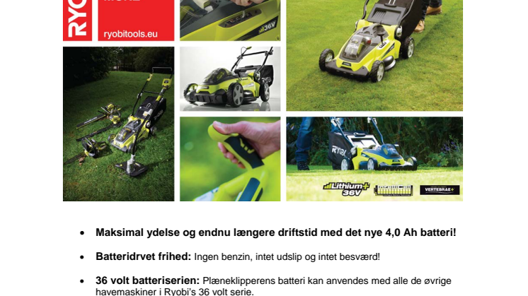 Nye 36 volt Lithium-Ion plæneklippere fra RYOBI®