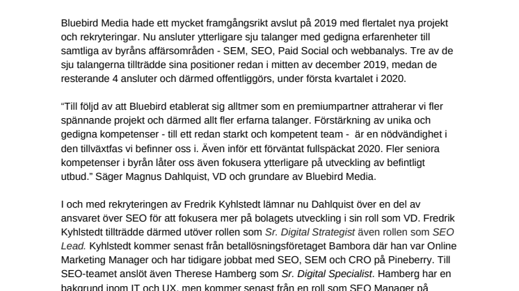 Bluebird Media går från 14 till 21  anställda – 7 erfarna talanger ansluter för att stärka samtliga affärsområden