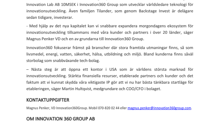 Capital injection for Innovation 360 Group
