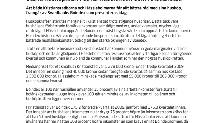 Swedbank Boindex kvartal 3 2009: Stärkt köpkraft i såväl Hässleholm som Kristianstad