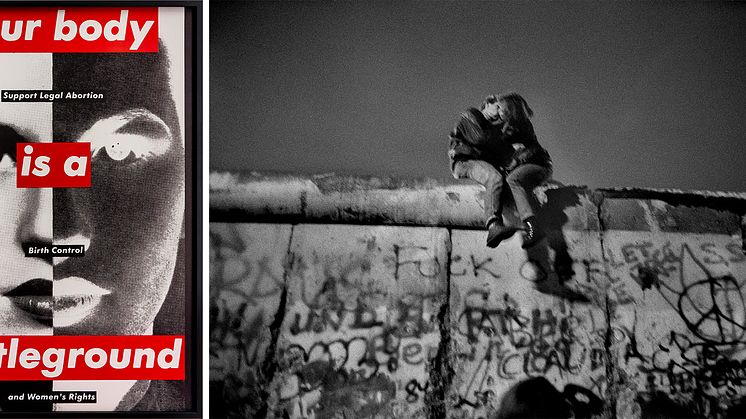 Barbara Kruger, Untitled (Your Body is a Battleground), 1989. Photo: Jochen Arentzen, Courtesy of the artist and Sprüth Magers. Guy Le Querrec, Germany. Berlin. On the wall, people celebrating New Year's Eve, 1989. © Guy Le Querrec/Magnum Photos. 