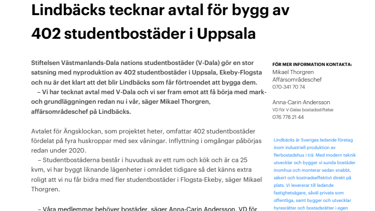 Lindbäcks tecknar avtal för bygg av 402 studentbostäder i Uppsala